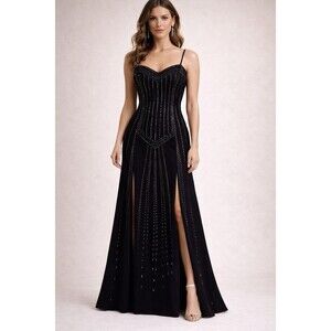 Black Art Deco Rhinestone Evening Gown Formal Military Ball Column Dress Size M